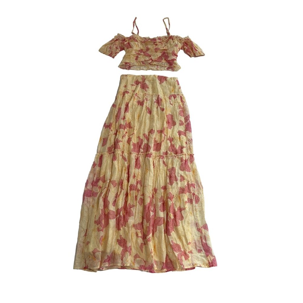 Petal & Pup Yellow and Pink Floral Off-Shoulder Crop Top & Tiered Skirt Set